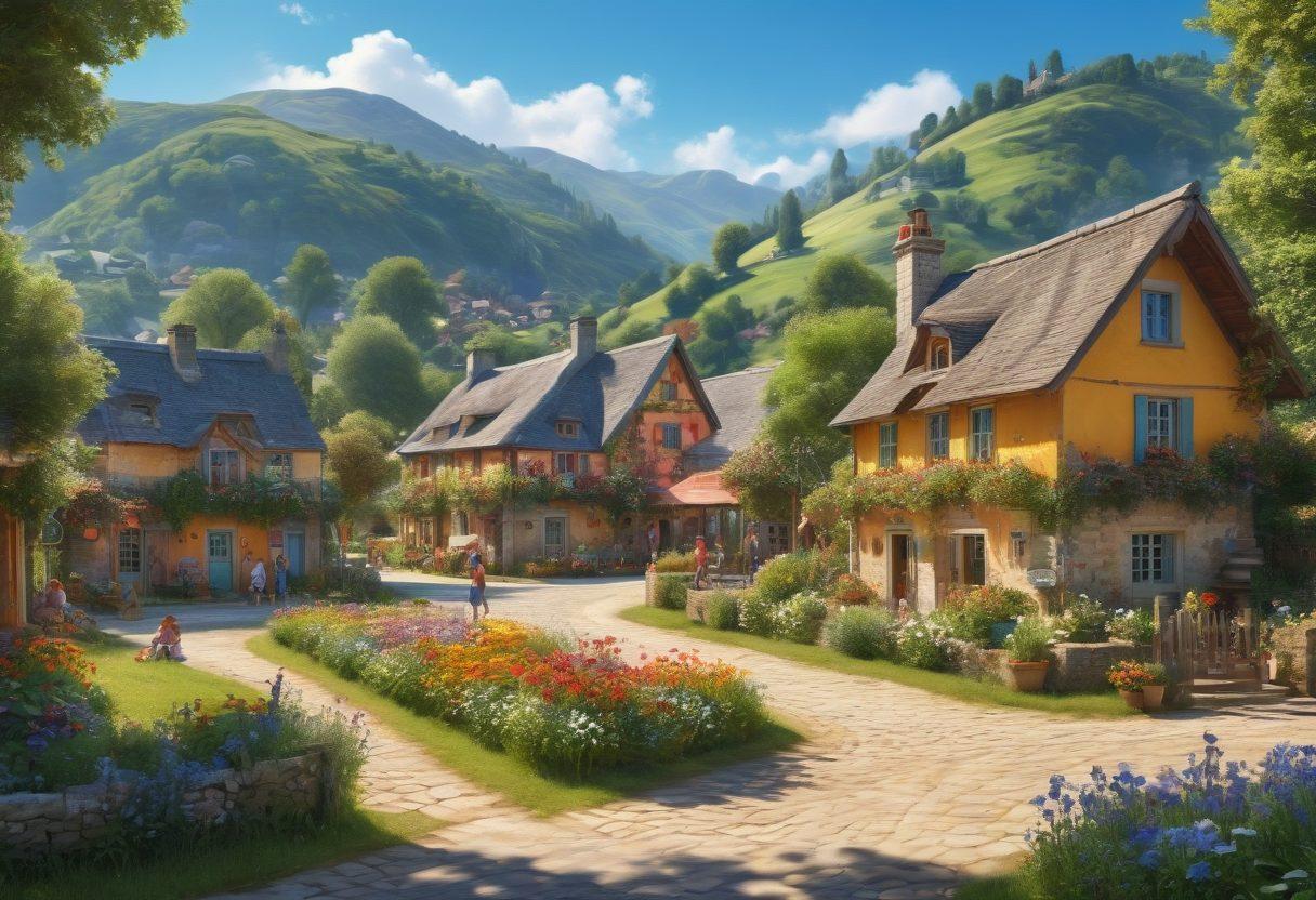 A picturesque, sunlit village with charming cottages adorned with flowers, children playing in the foreground, and a friendly community gathering in the town square, all set against a backdrop of lush green hills and a clear blue sky. Emphasize joy and togetherness through smiling faces and vibrant colors. super-realistic. vibrant colors. idyllic landscape.