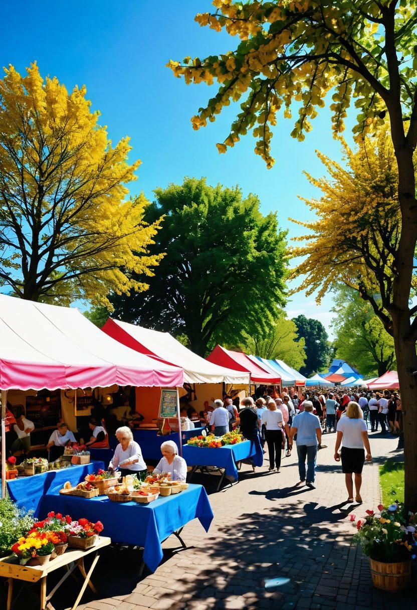 A lively outdoor scene in Teendorf filled with people engaging in various activities like dancing, picnicking, and playing games, surrounded by vibrant flowers and trees under a bright blue sky. Incorporate elements like a local market with colorful stalls and happy families enjoying the day, radiating joy and celebration. The atmosphere should be warm and inviting, capturing the essence of community spirit. super-realistic. vibrant colors. cheerful atmosphere.