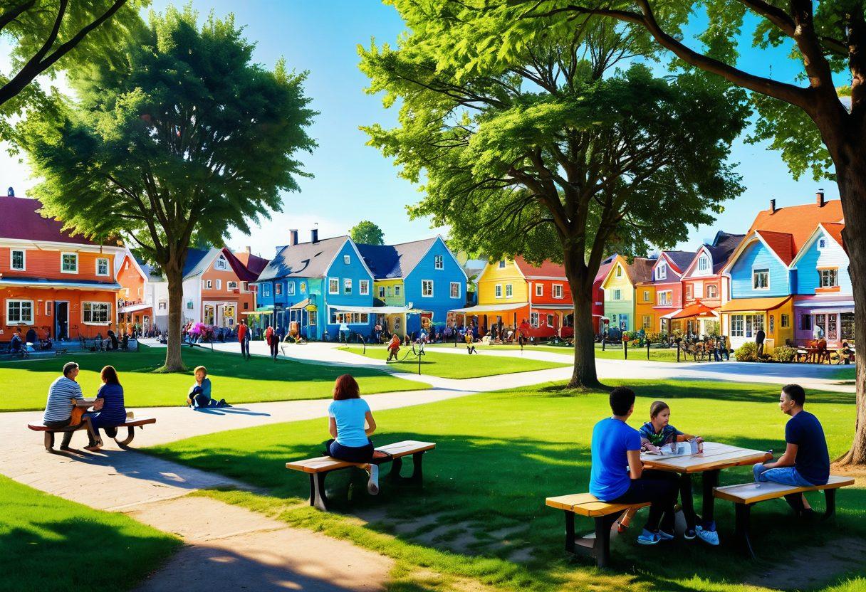 A vibrant scene depicting a diverse group of people joyfully interacting in a cozy community park in Teendorf, showcasing playful activities like children playing on swings and adults chatting over picnic tables. The background features picturesque attractions like colorful village houses and lush greenery, emphasizing the warmth and camaraderie of community living. The atmosphere should feel inviting, full of energy and happiness. vibrant colors. super-realistic.